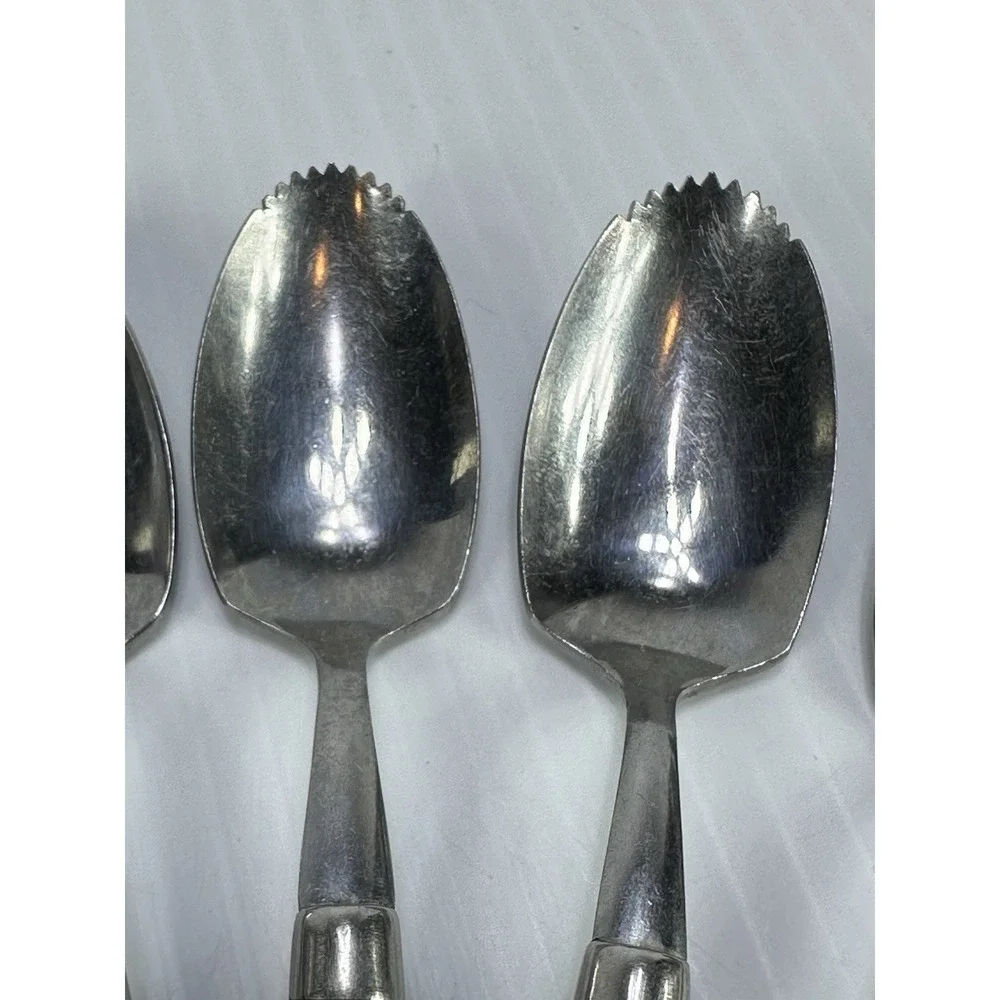 5 Vintage Serrated Citrus Stainless‎ Spoons Black Plastic Handle 6